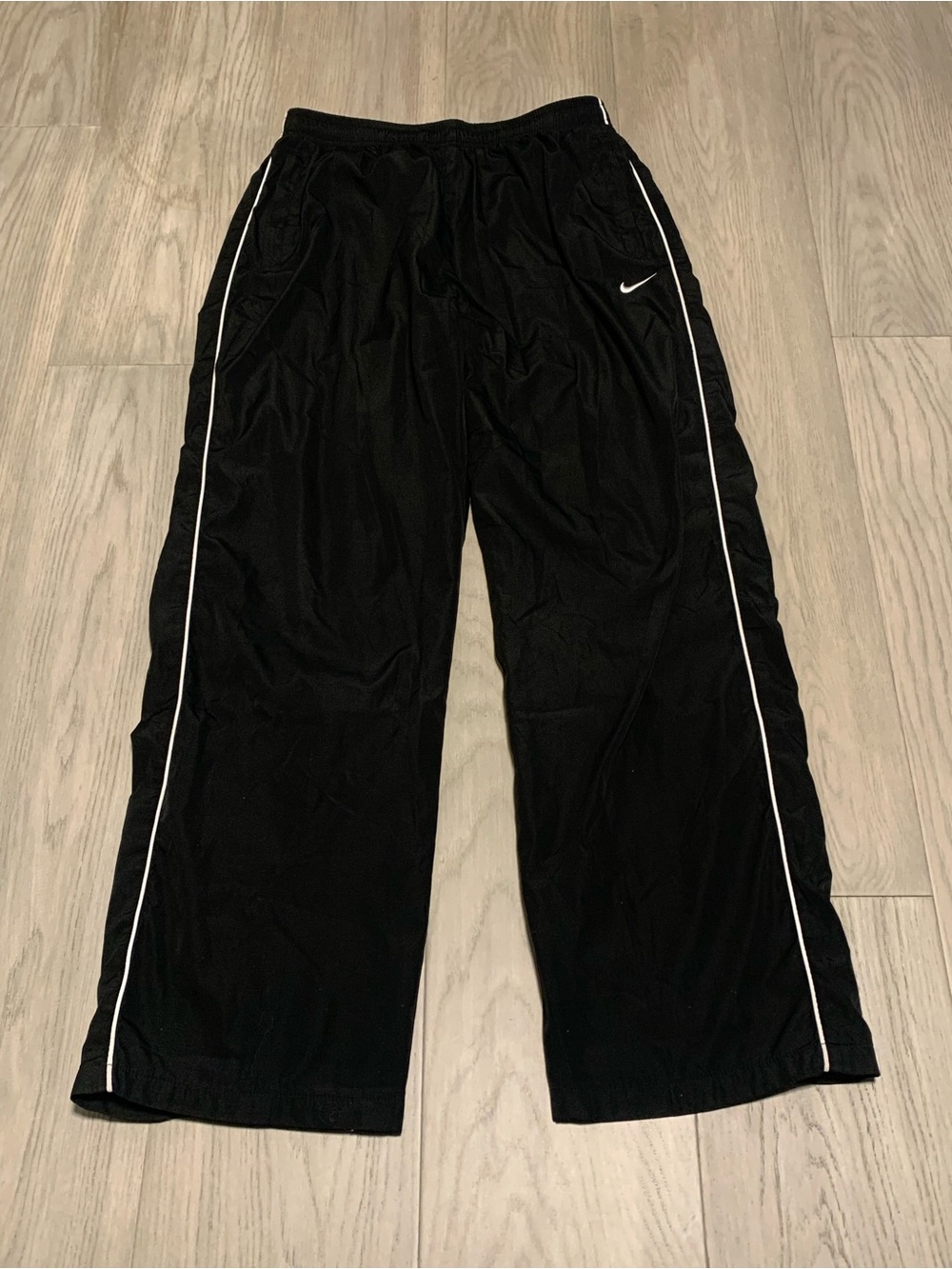 Vintage Nike 28x30 Black Track Pants with White Stripes
